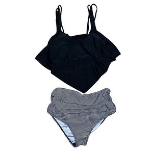 Two Piece Black and White Flounce Top Striped Bottom Bikini Size Medium NWOT
